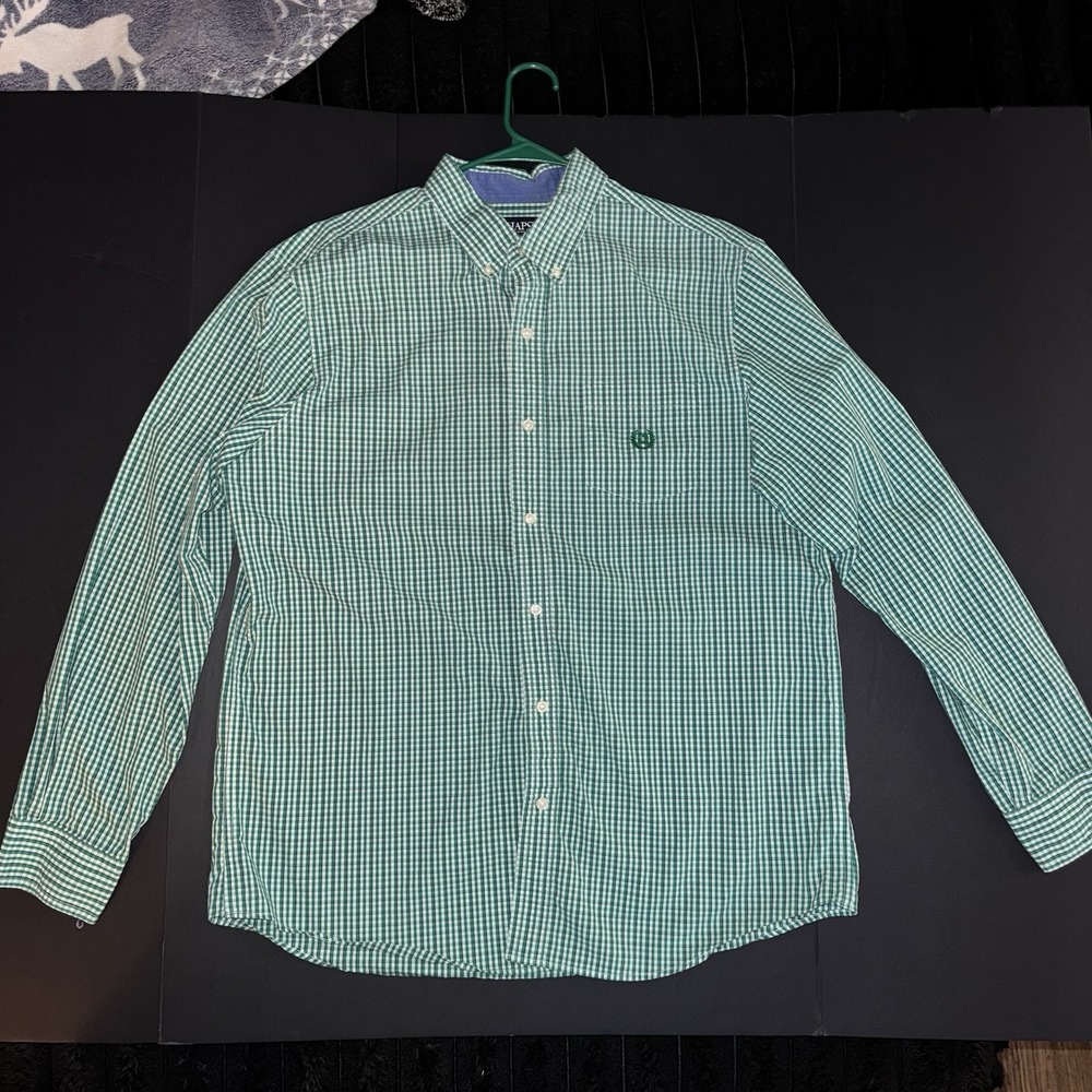 Men's XL Chaps Cotton Green White Plaid Long Sleeve Button-Down Shirt